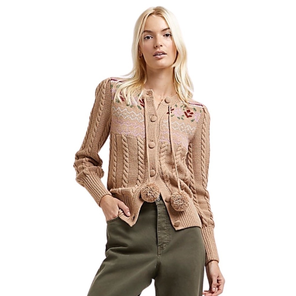 New! River Island Granny Cable Knit Pom Pom Fair Isle Button Cardigan Sweater